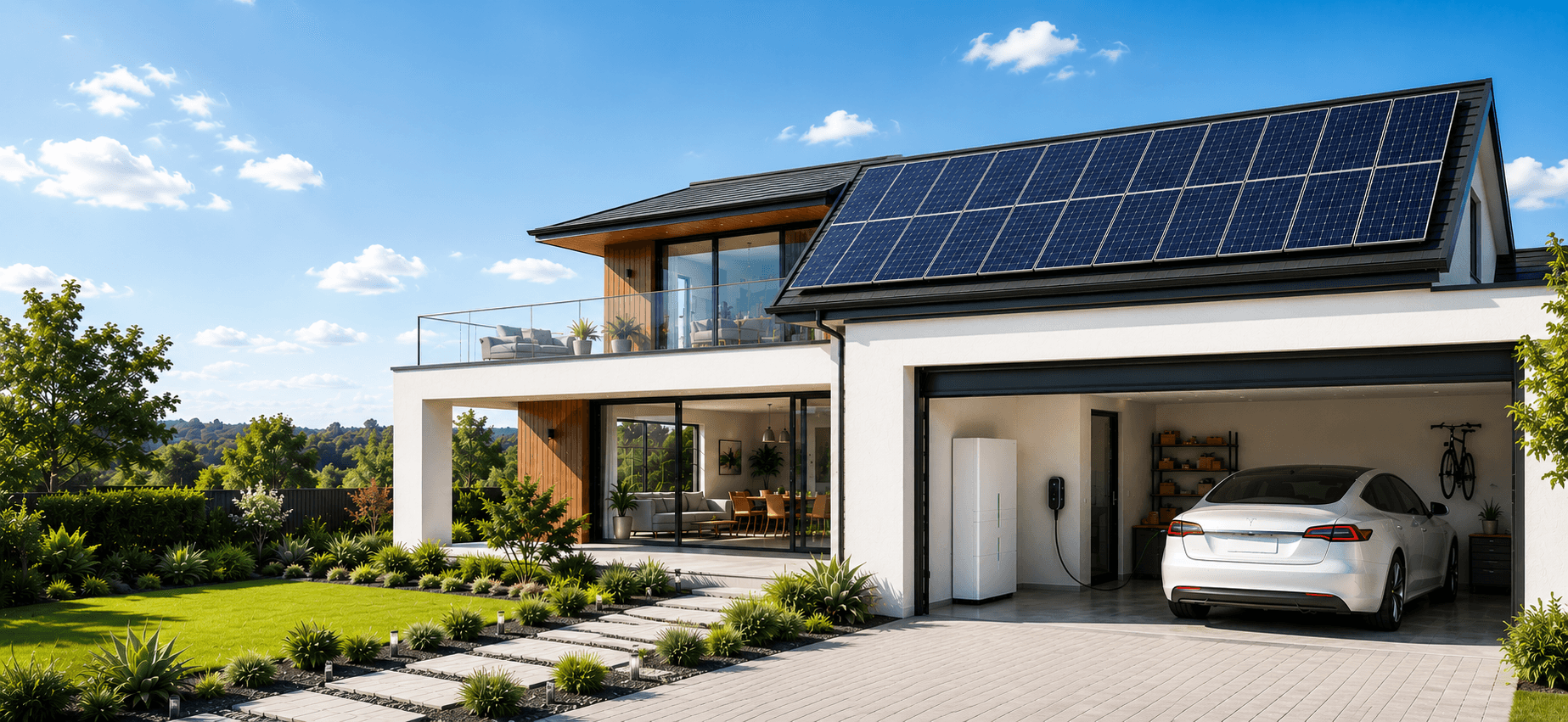 Modern designer home in Melbourne featuring rooftop solar panels, a home battery unit and an EV charger with an electric car plugged in